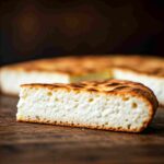 A slice of cottage cheese flatbread on a wooden board.