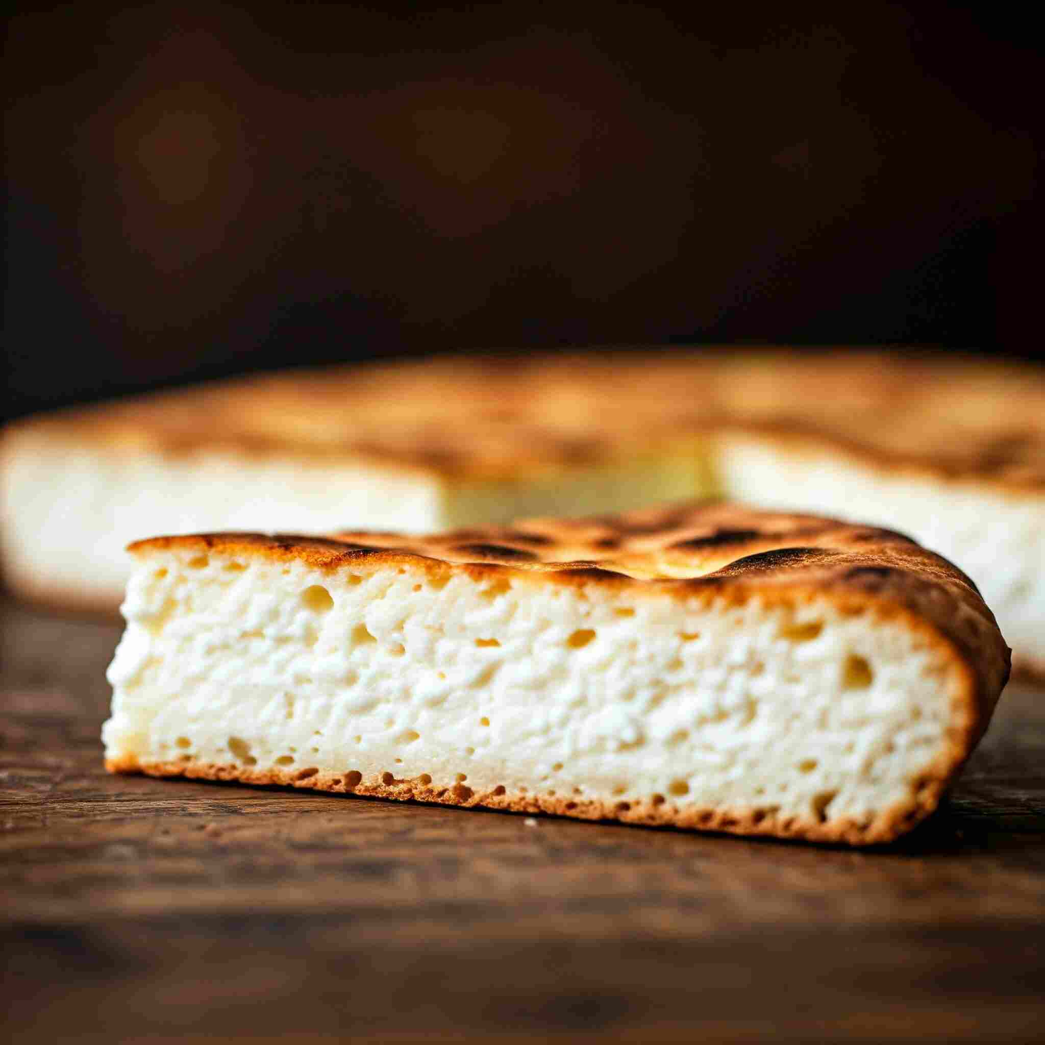 A slice of cottage cheese flatbread on a wooden board.