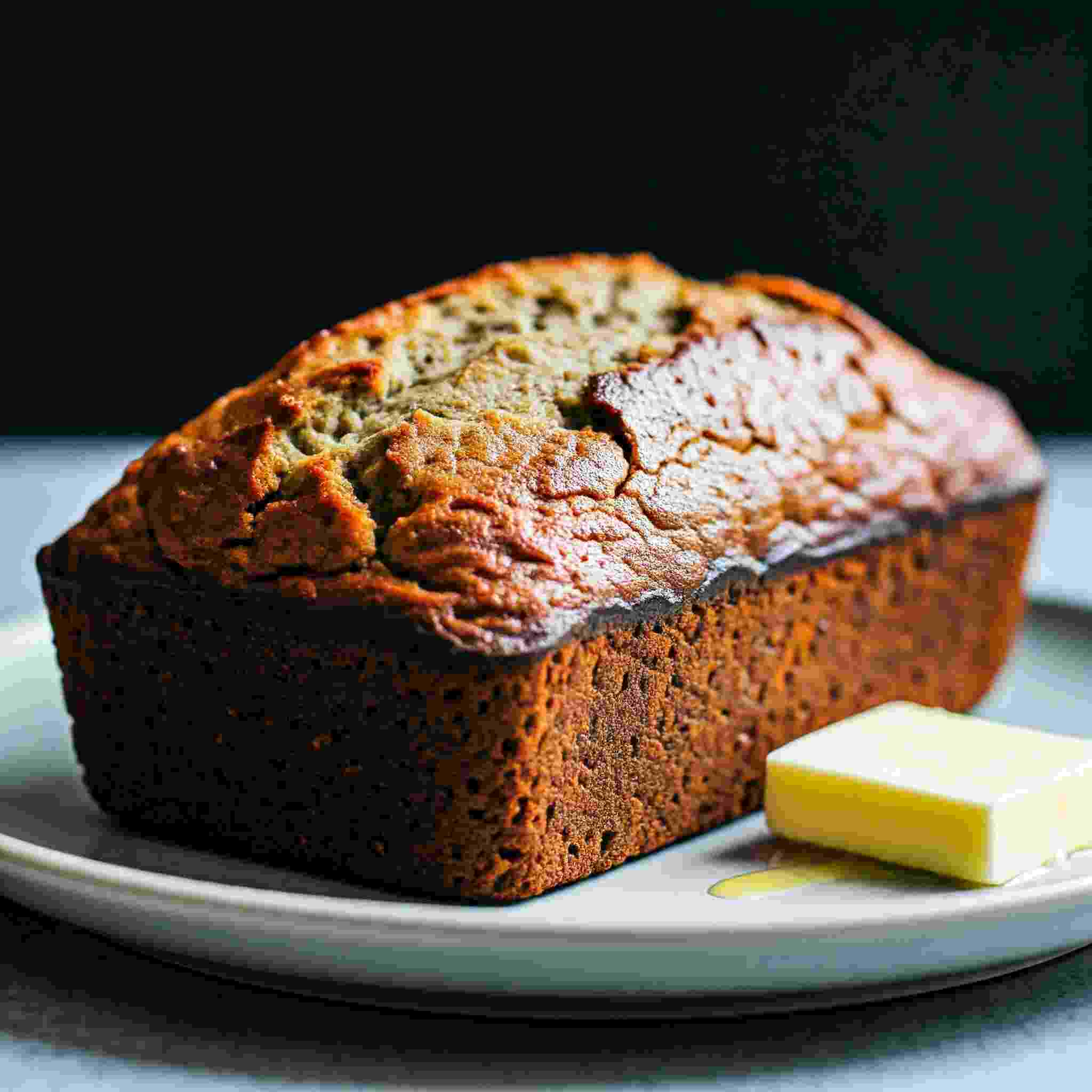 A loaf of golden brown Protein banana bread on a plate with a pat of butter.