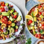 Two bowls of chickpea salad recipe with tomatoes, cucumbers, and avocado.