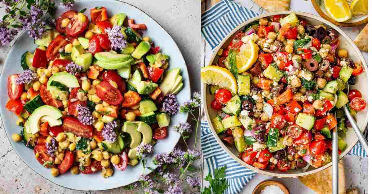 Two bowls of chickpea salad recipe with tomatoes, cucumbers, and avocado.