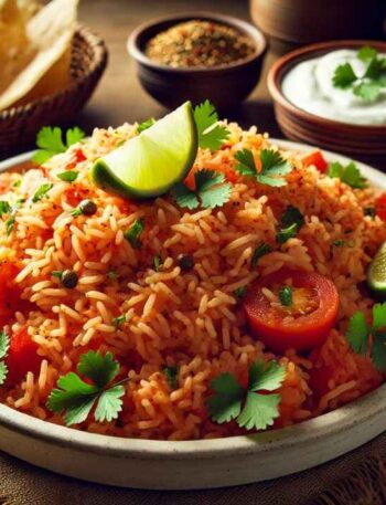 A bowl of tomato rice garnished with cilantro and lime, served with sides of spices, tortillas, and a creamy dip. Tomato Rice Recipe