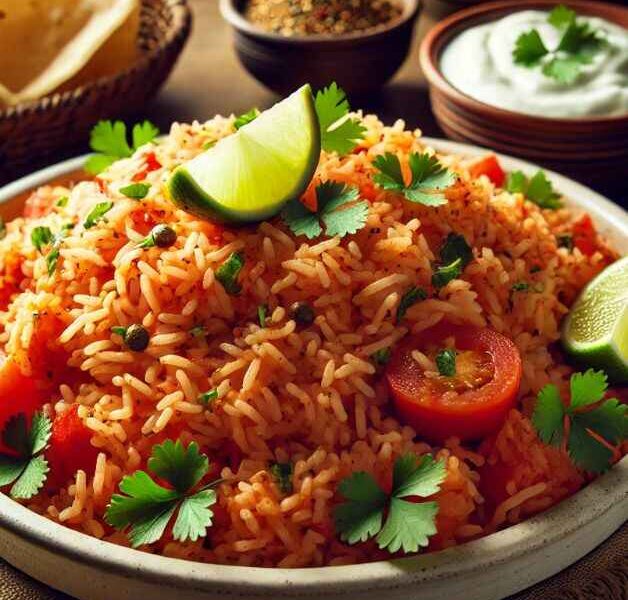 A bowl of tomato rice garnished with cilantro and lime, served with sides of spices, tortillas, and a creamy dip. Tomato Rice Recipe