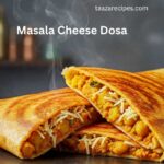 Two folded Masala Cheese Dosa, cut in half, revealing a filling of spiced potatoes and shredded cheese. Steam rises from the dosas, indicating they are hot. The dosas have a golden-brown, crispy texture with visible grill marks.