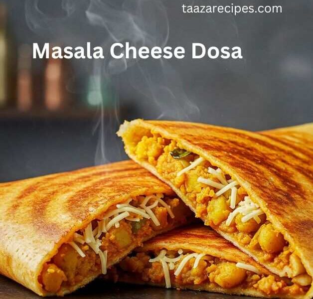 Two folded Masala Cheese Dosa, cut in half, revealing a filling of spiced potatoes and shredded cheese. Steam rises from the dosas, indicating they are hot. The dosas have a golden-brown, crispy texture with visible grill marks.