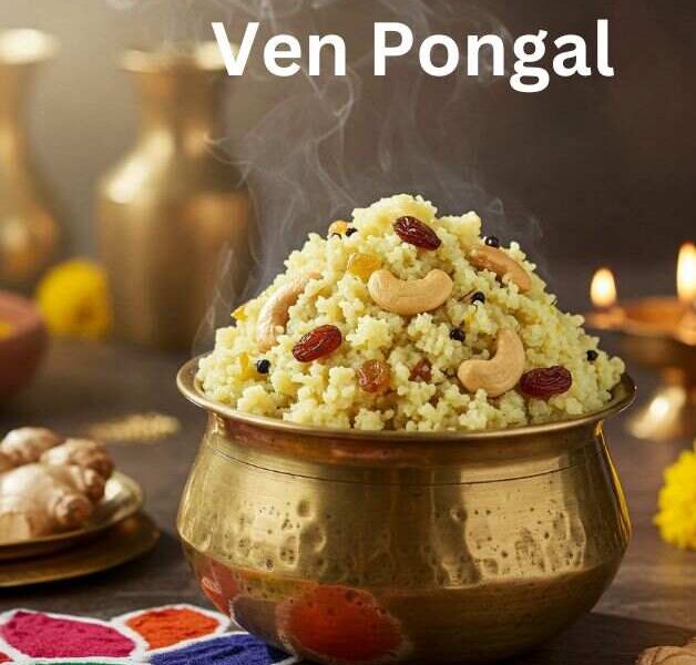 Steaming Ven Pongal in a brass pot, garnished with cashews and raisins, with ingredients like ginger and turmeric root visible in the background. Text overlay reads "Ven Pongal Recipe" and "taazarecipes.com".