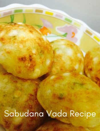 Close-up of golden-brown, crispy Sabudana Vada (sago fritters) in a bowl, showcasing their texture and ingredients like sago pearls and peanuts. The text "Sabudana Vada Recipe" is overlaid on the image.