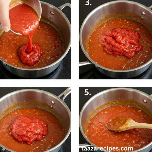 Tomato Magic: Pour in the tomato puree. Veg Chilli Milli